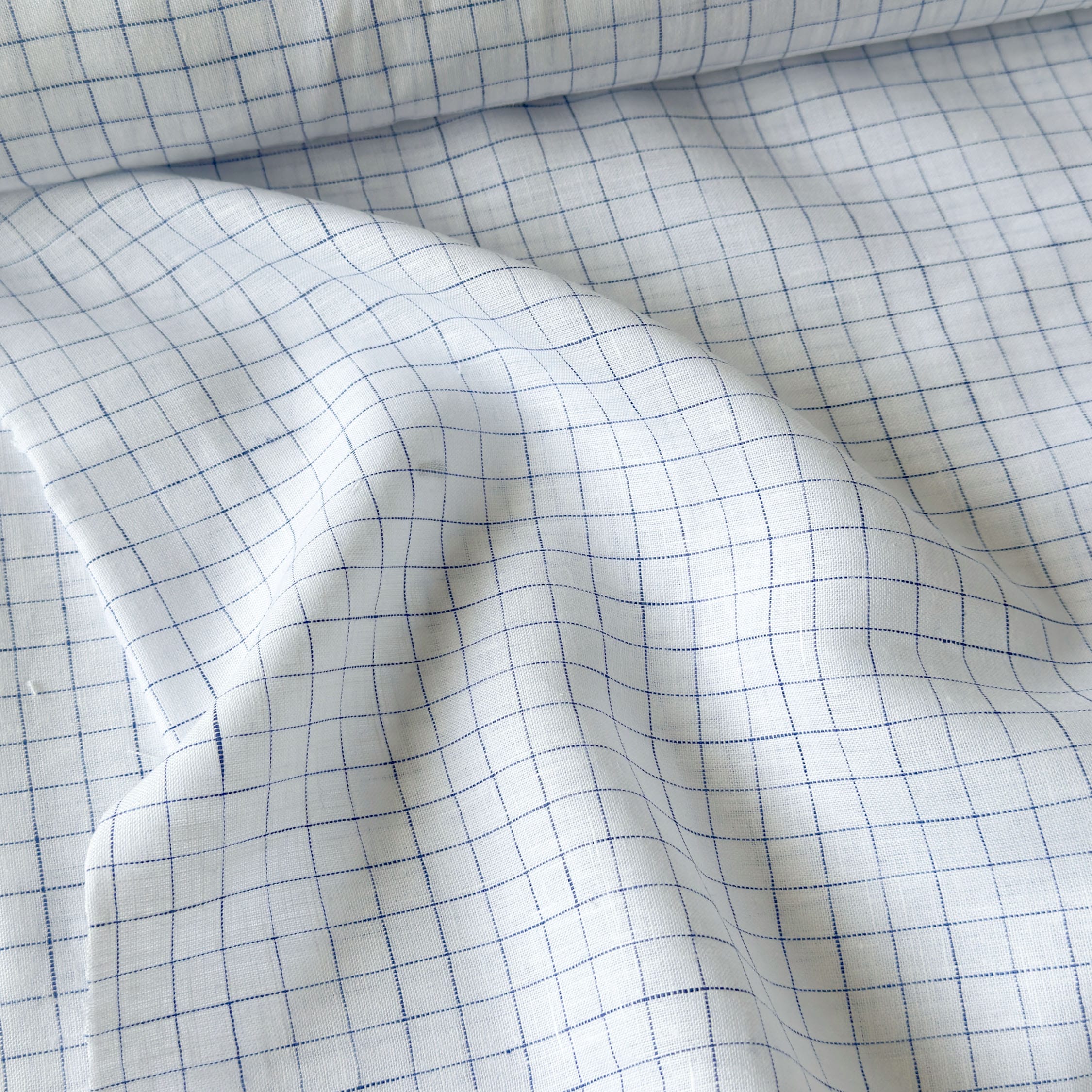 Premium Linen Stripes & Checks Fabric Pure White & Dark Blue Checks 60 LEA Linen Fabric