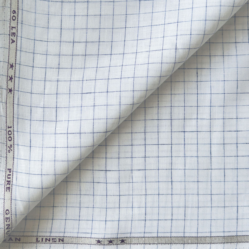 Premium Linen Stripes & Checks Fabric Pure White & Dark Blue Checks 60 LEA Linen Fabric