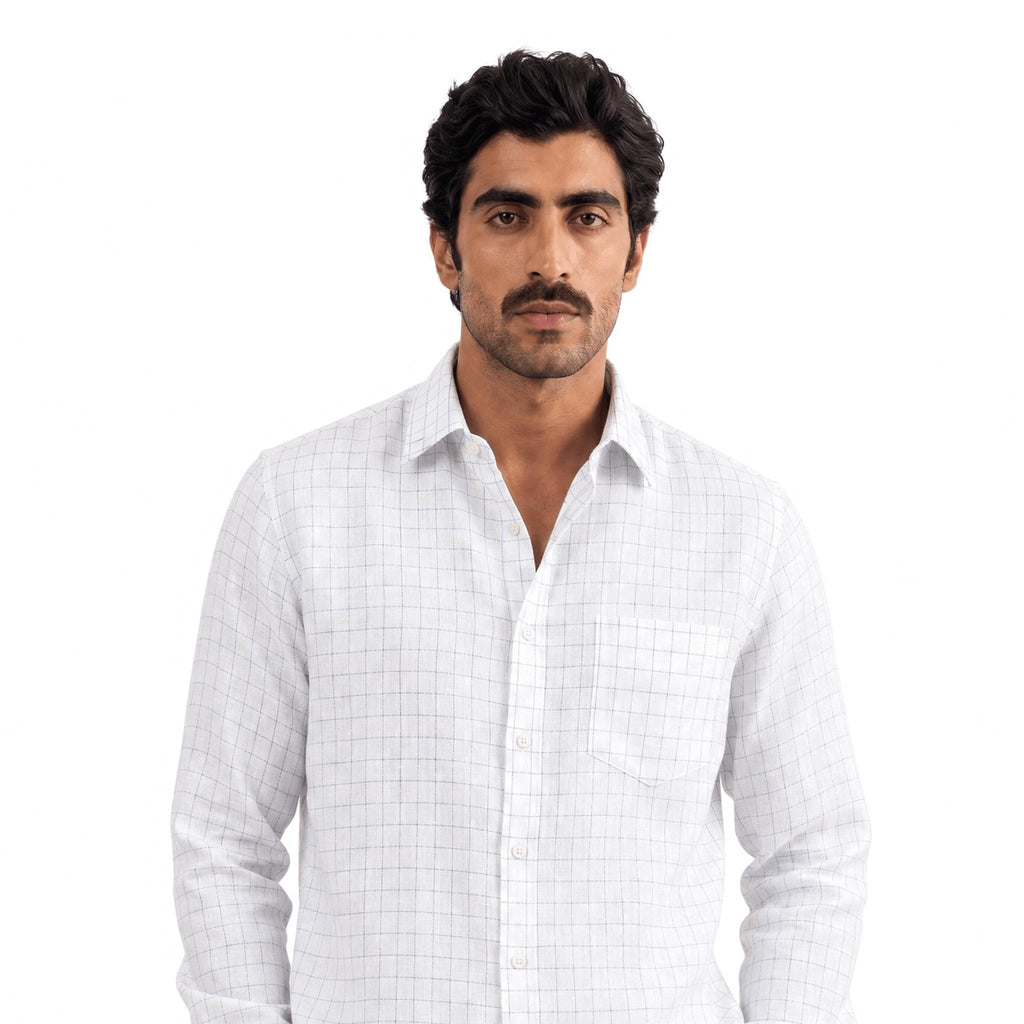 Premium Linen Stripes & Checks Fabric Pure White & Dark Blue Checks 60 LEA Linen Fabric