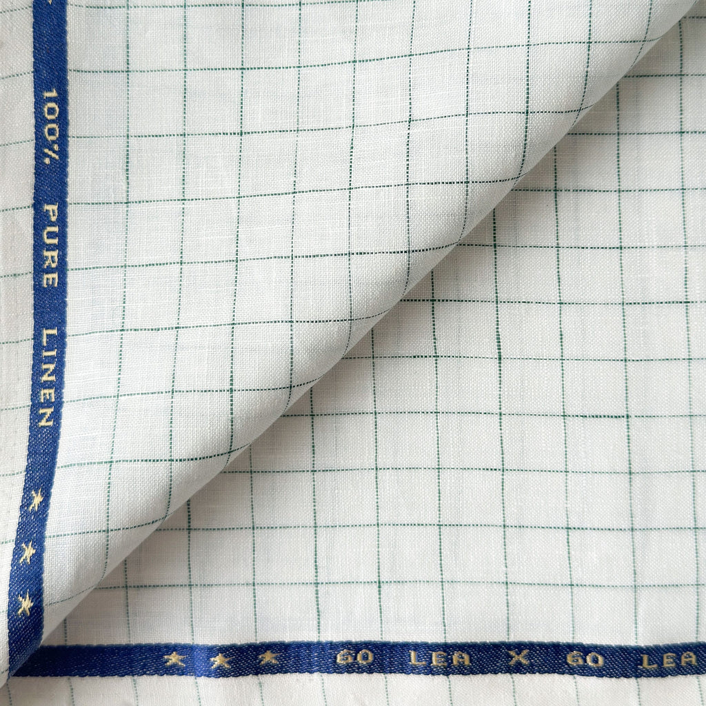 Premium Linen Stripes & Checks Fabric Pure White & Dark Green Checks 60 LEA Linen Fabric