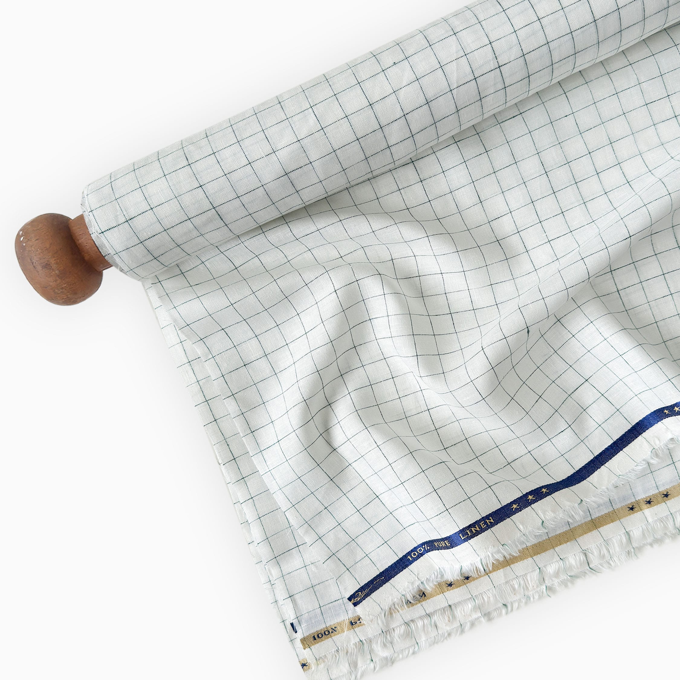 Premium Linen Stripes & Checks Fabric Pure White & Dark Green Checks 60 LEA Linen Fabric