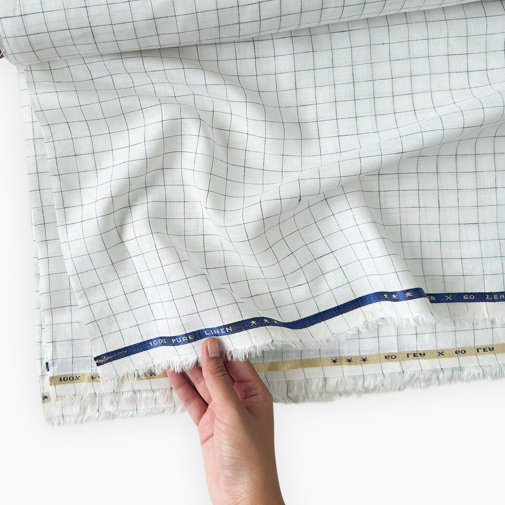 Premium Linen Stripes & Checks Fabric Pure White & Dark Green Checks 60 LEA Linen Fabric