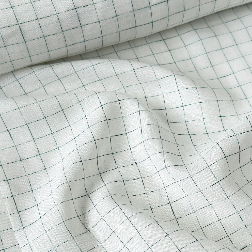 Premium Linen Stripes & Checks Fabric Pure White & Dark Green Checks 60 LEA Linen Fabric