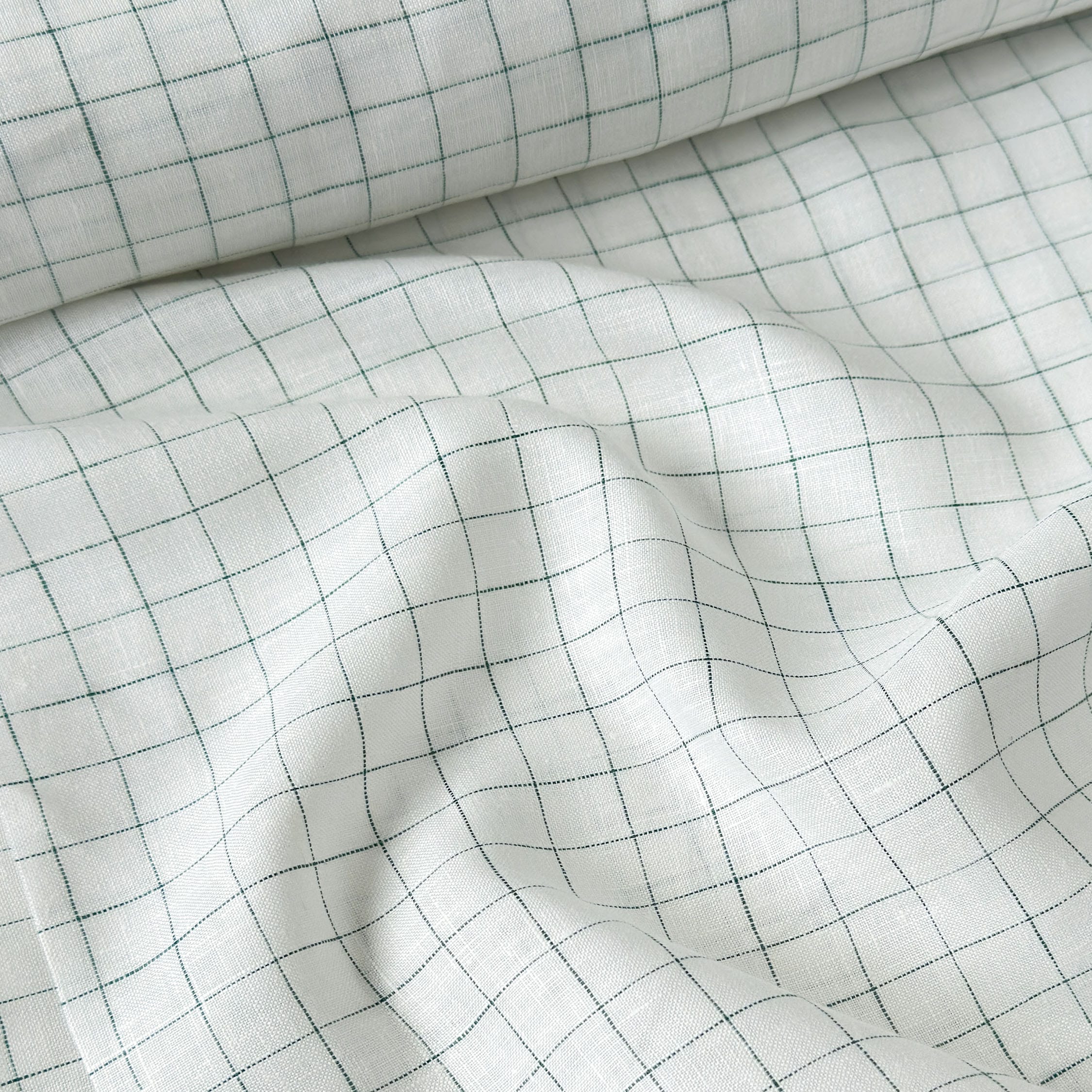 Premium Linen Stripes & Checks Fabric Pure White & Dark Green Checks 60 LEA Linen Fabric