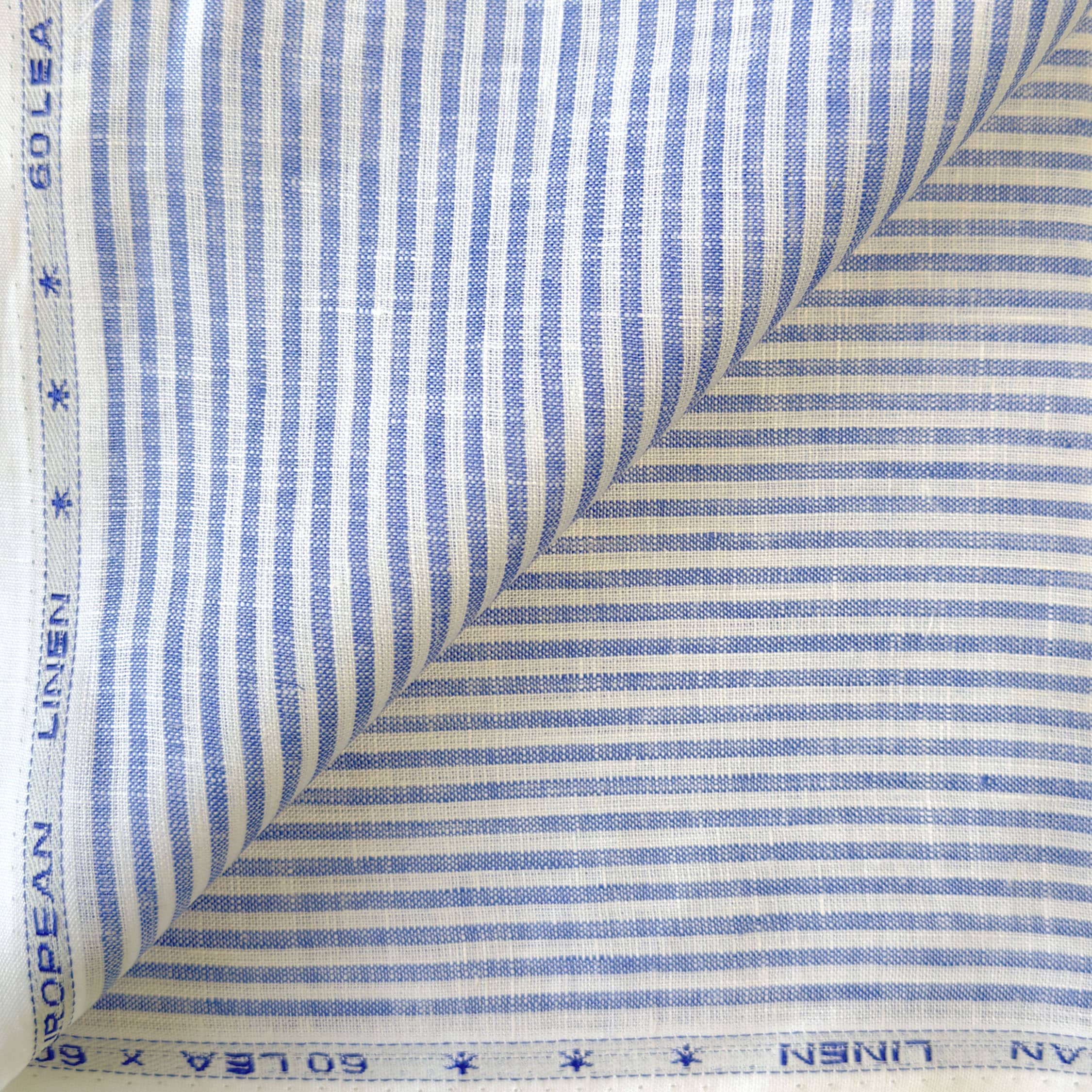 Premium Linen Stripes & Checks Fabric Pure White & Denim Blue Stripes 60 LEA Linen Fabric