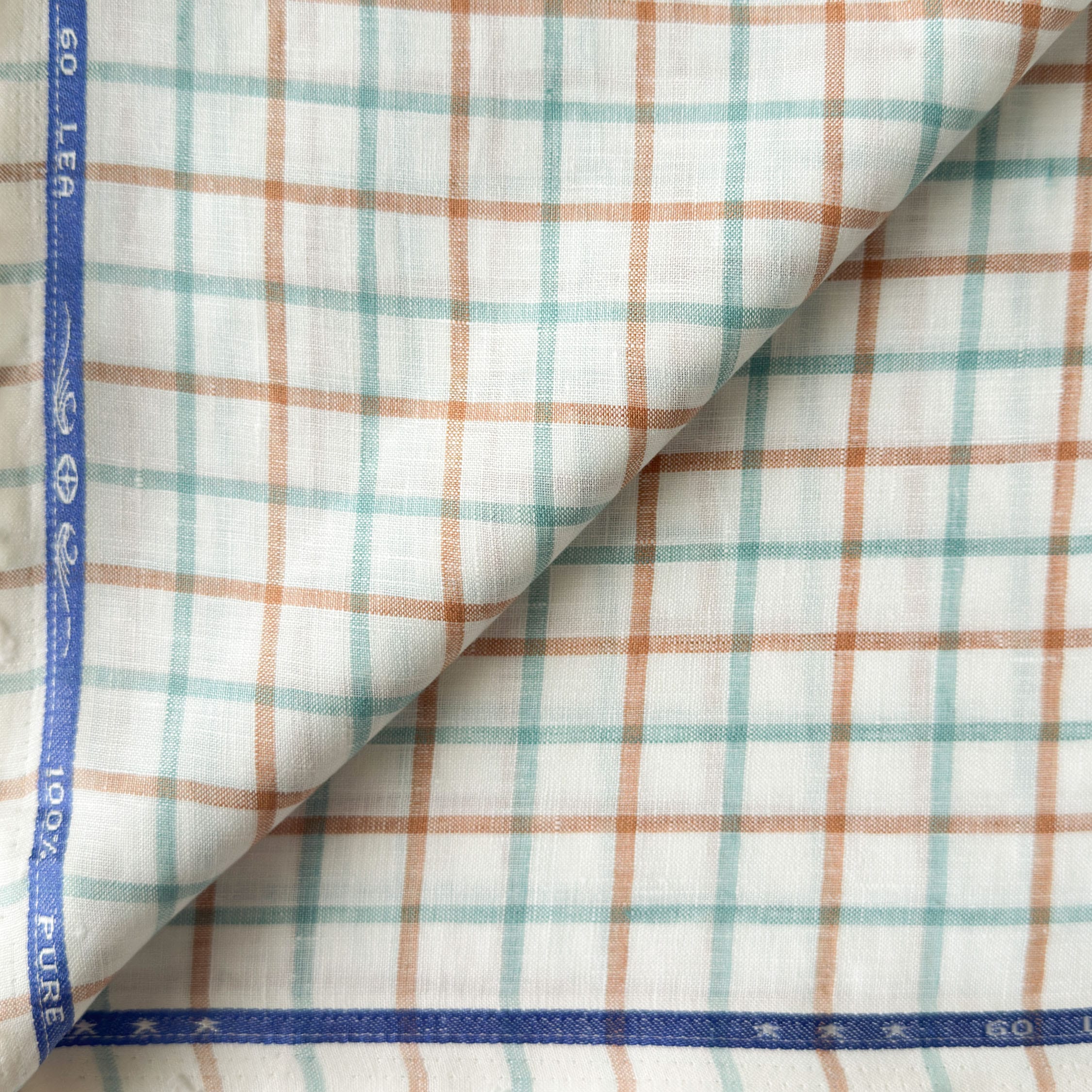 Premium Linen Stripes & Checks Fabric Pure White & Green-Brown Checks 60 LEA Linen Fabric