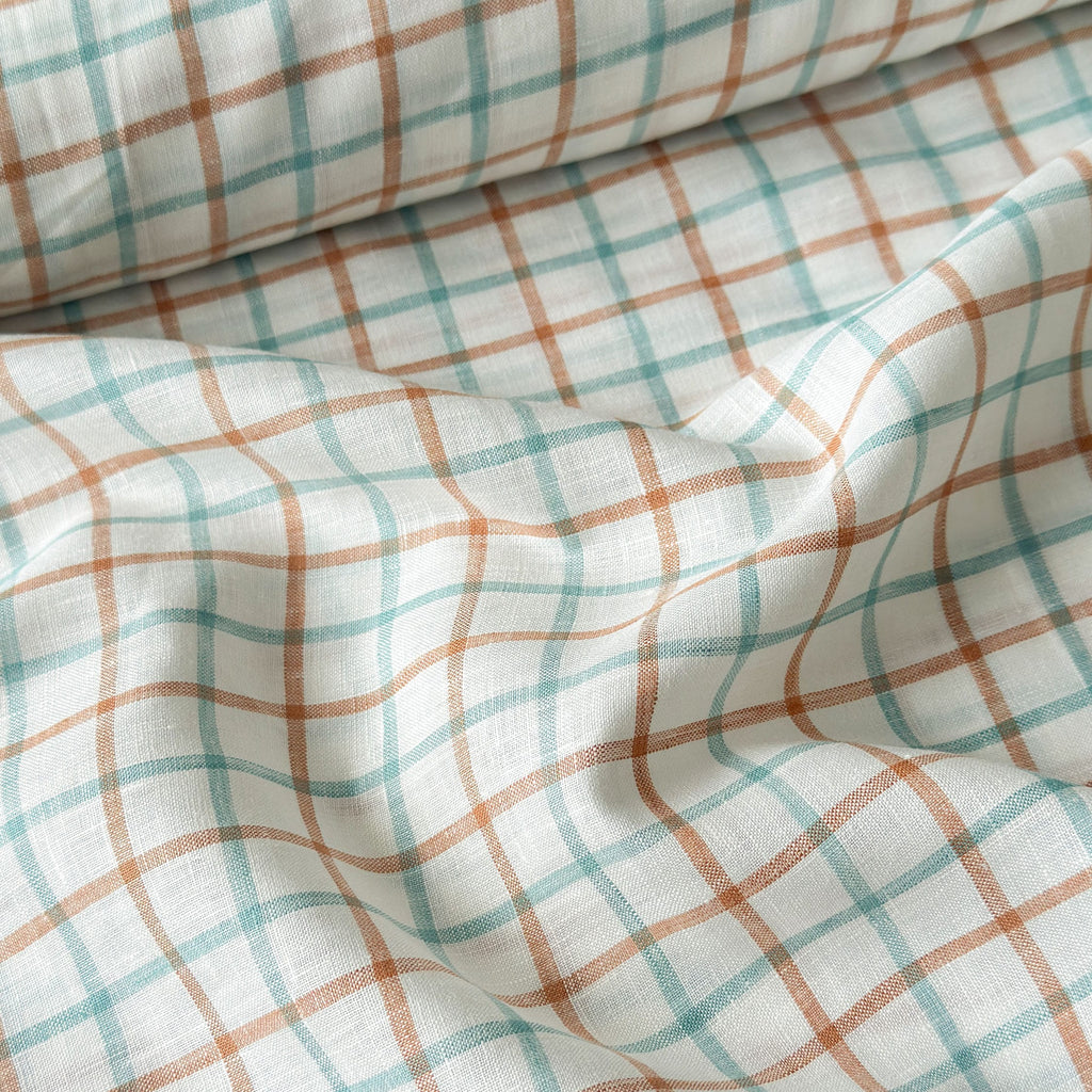 Premium Linen Stripes & Checks Fabric Pure White & Green-Brown Checks 60 LEA Linen Fabric