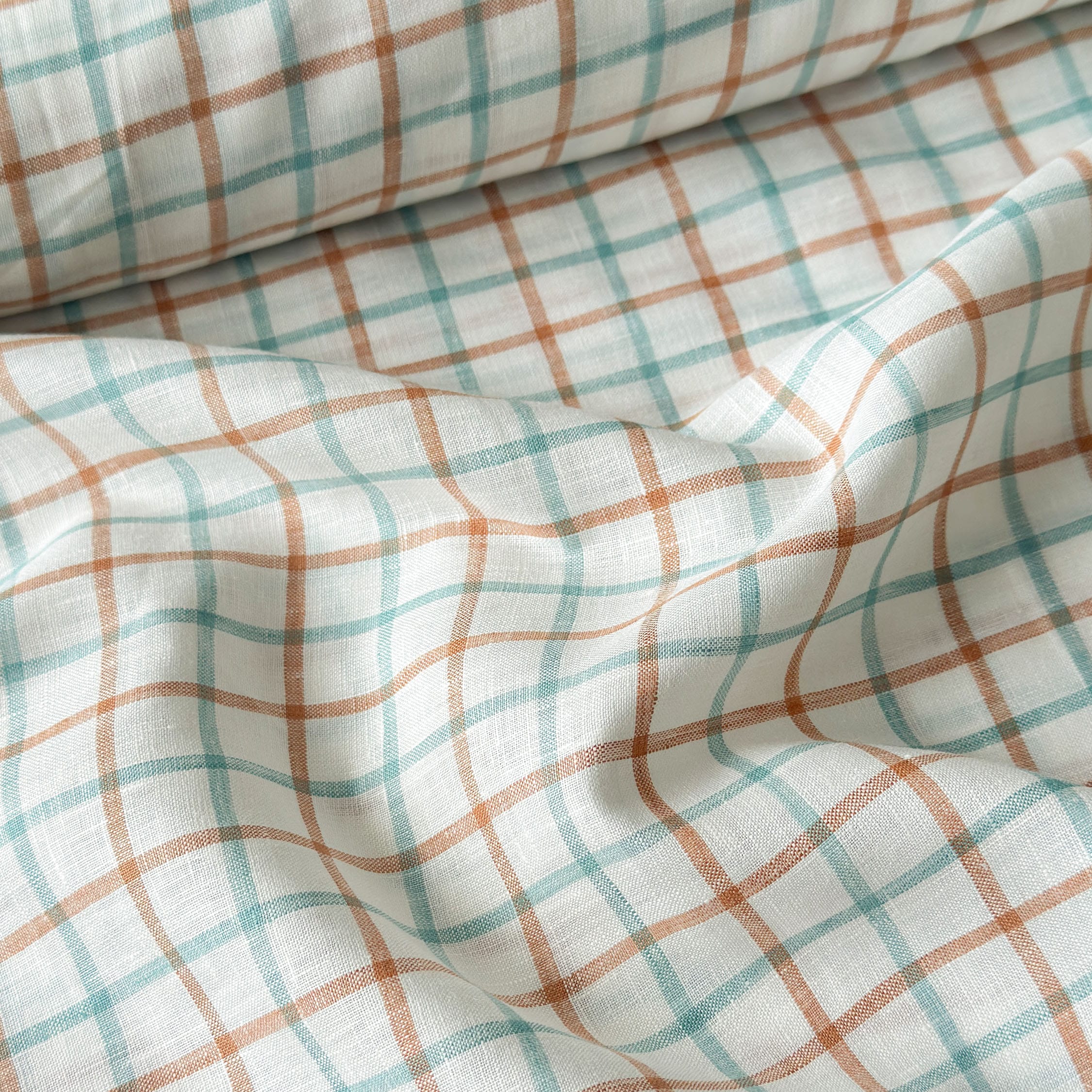 Premium Linen Stripes & Checks Fabric Pure White & Green-Brown Checks 60 LEA Linen Fabric