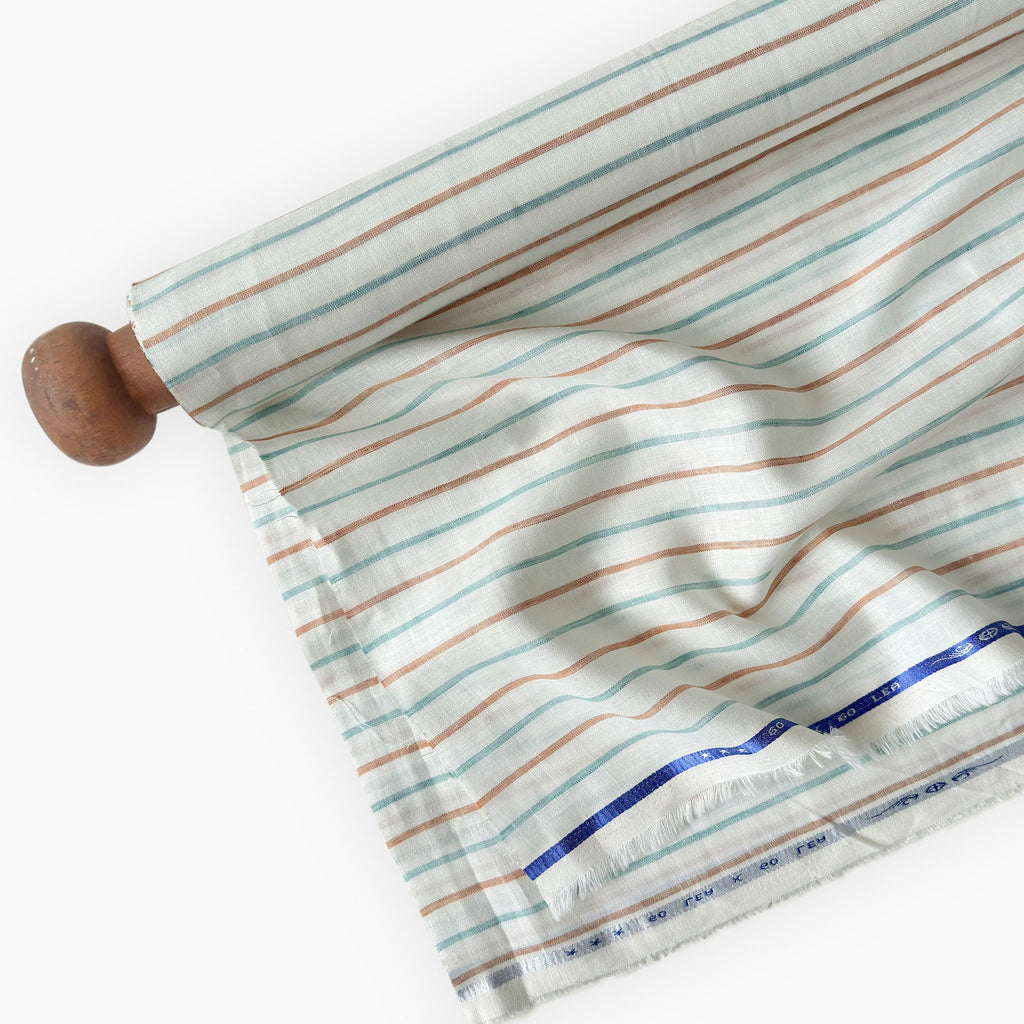 Premium Linen Stripes & Checks Fabric Pure White & Green-Brown Stripes 60 LEA Linen Fabric