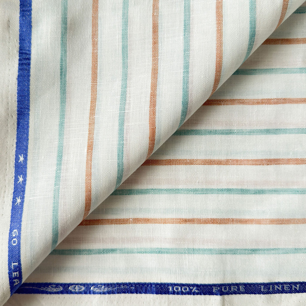 Premium Linen Stripes & Checks Fabric Pure White & Green-Brown Stripes 60 LEA Linen Fabric
