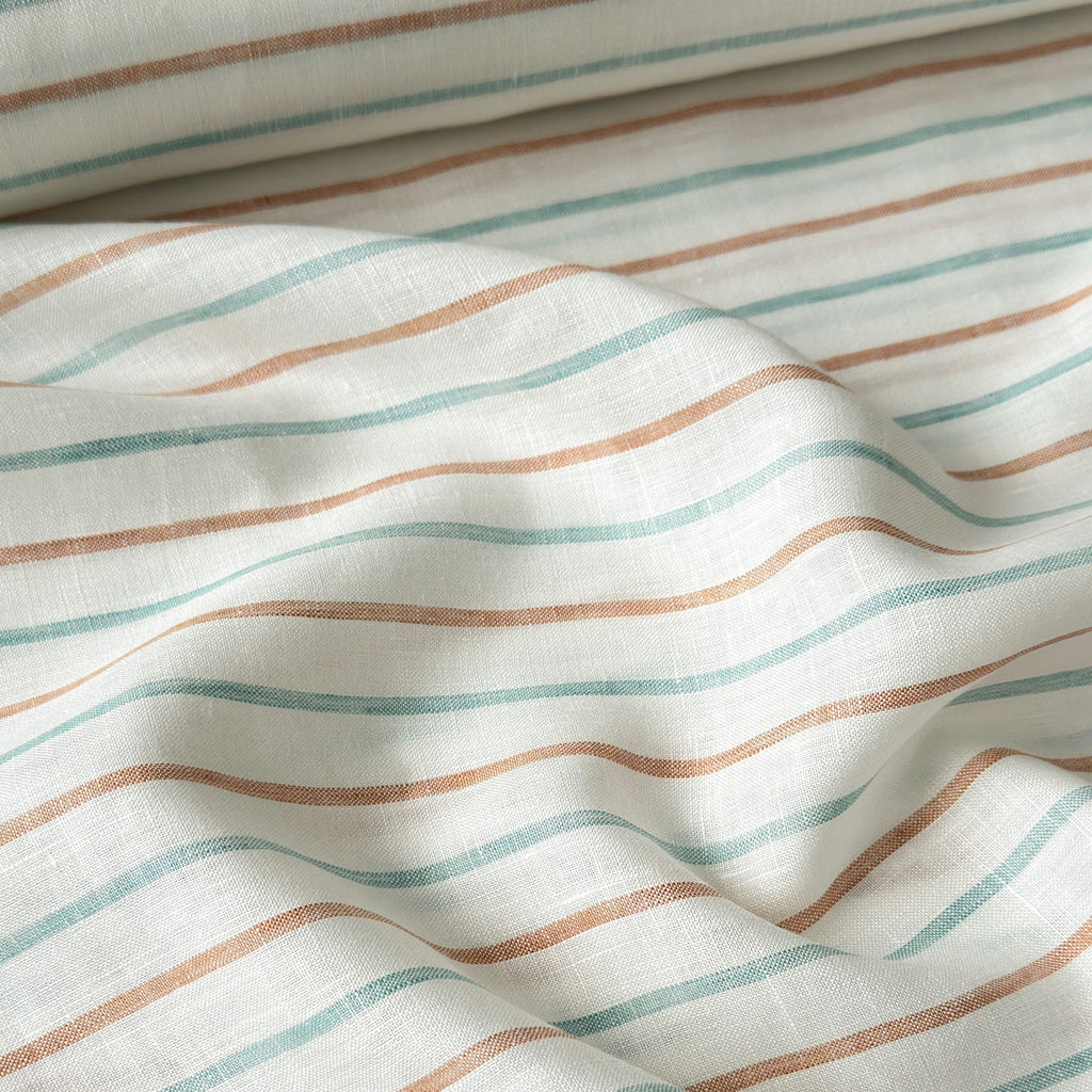Premium Linen Stripes & Checks Fabric Pure White & Green-Brown Stripes 60 LEA Linen Fabric