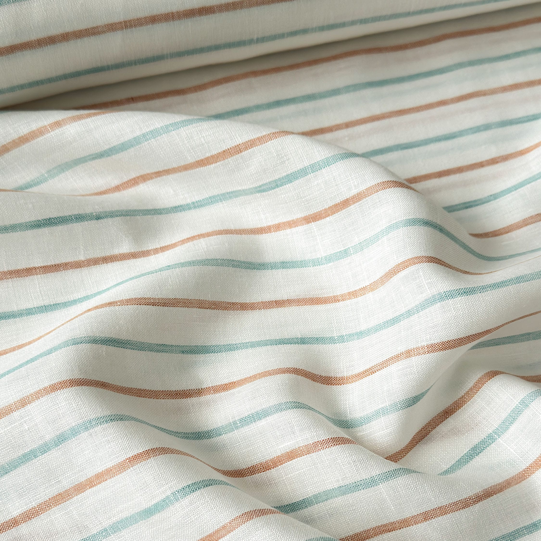 Premium Linen Stripes & Checks Fabric Pure White & Green-Brown Stripes 60 LEA Linen Fabric
