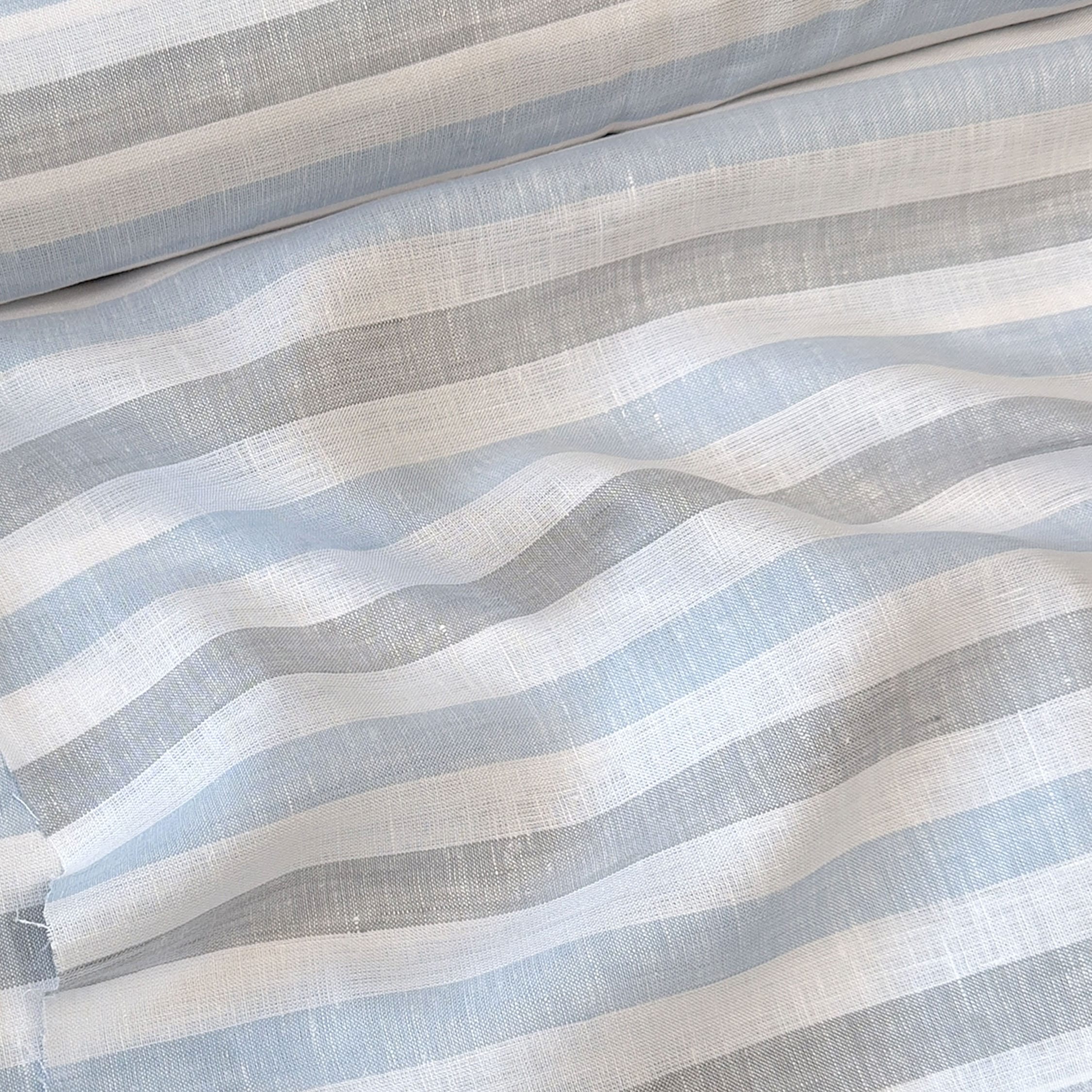 Premium Linen Stripes & Checks Fabric Pure White & Grey-Blue Stripes 60 LEA Linen Fabric