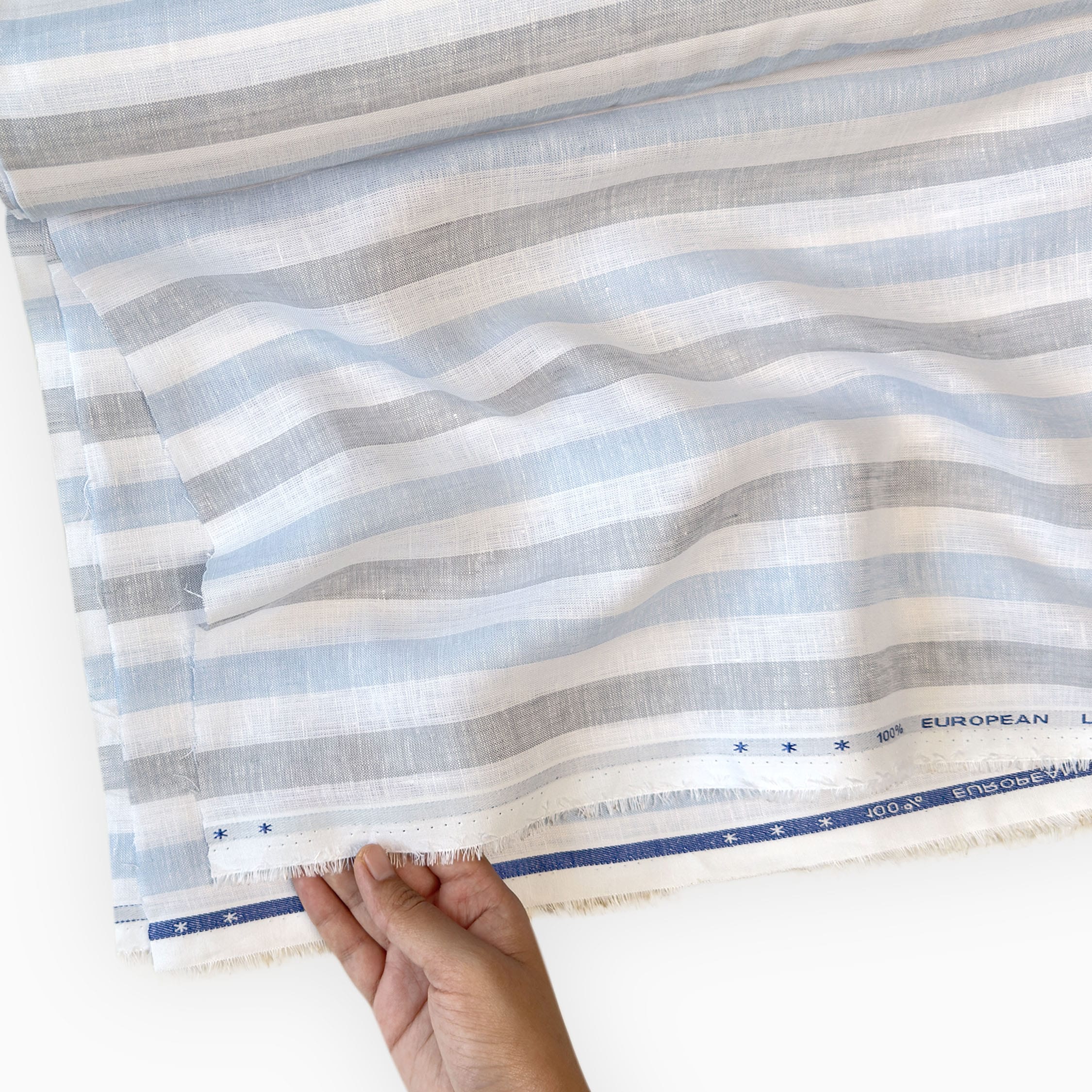 Premium Linen Stripes & Checks Fabric Pure White & Grey-Blue Stripes 60 LEA Linen Fabric