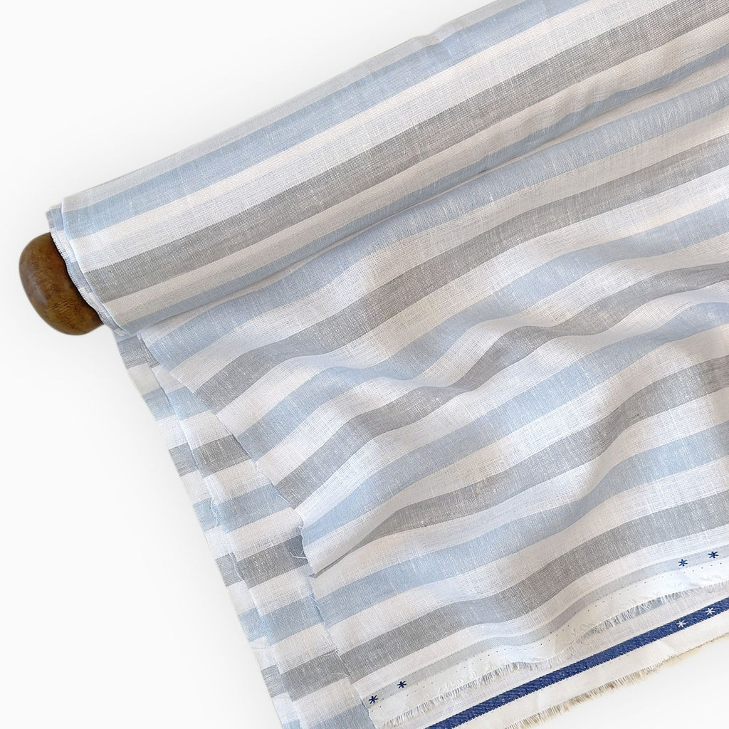 Premium Linen Stripes & Checks Fabric Pure White & Grey-Blue Stripes 60 LEA Linen Fabric