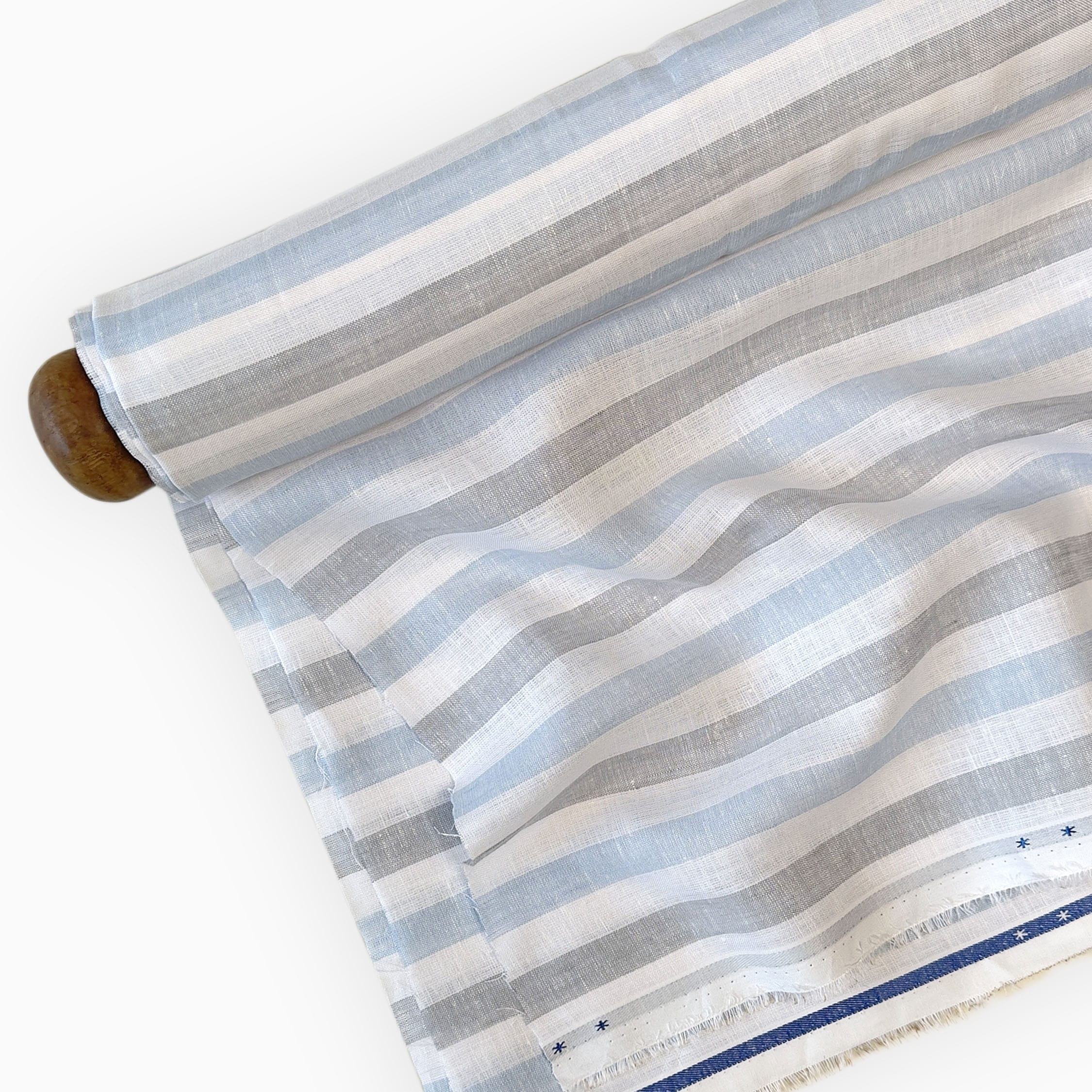 Premium Linen Stripes & Checks Fabric Pure White & Grey-Blue Stripes 60 LEA Linen Fabric