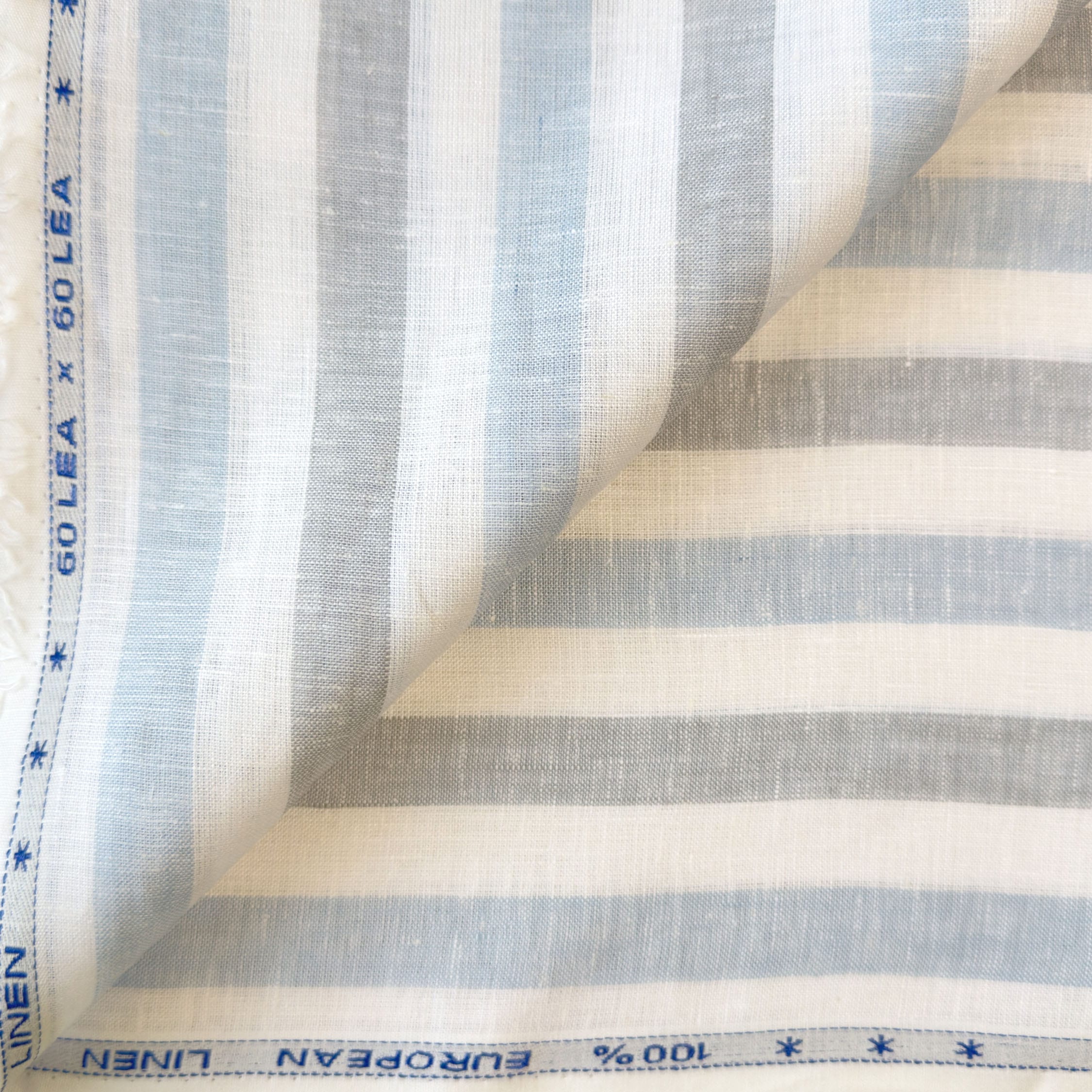 Premium Linen Stripes & Checks Fabric Pure White & Grey-Blue Stripes 60 LEA Linen Fabric