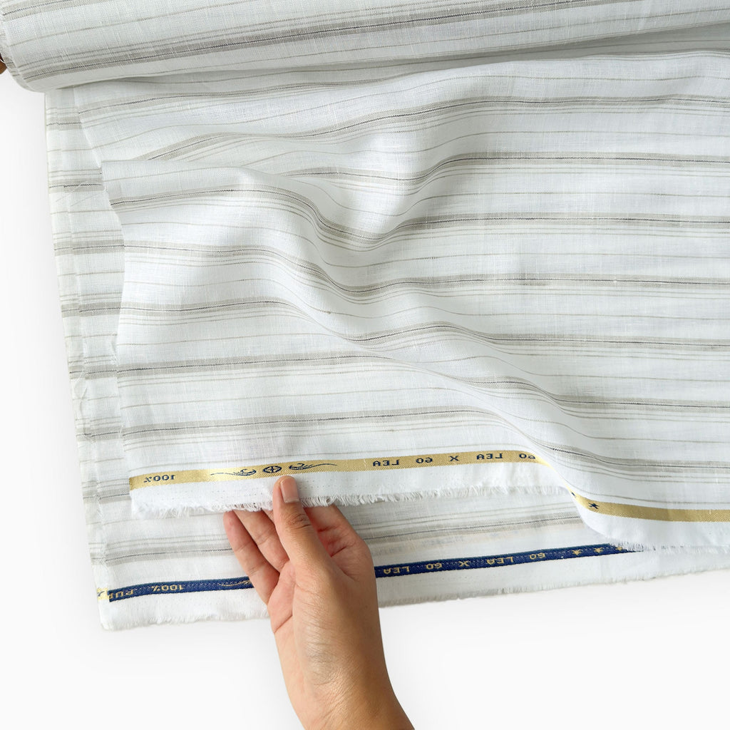 Premium Linen Stripes & Checks Fabric Pure White & Grey Stripes 60 LEA Linen Fabric