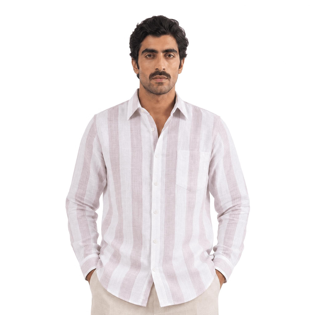 Premium Linen Stripes & Checks Fabric Pure White & Rose Brown Stripes 60 LEA Linen Fabric