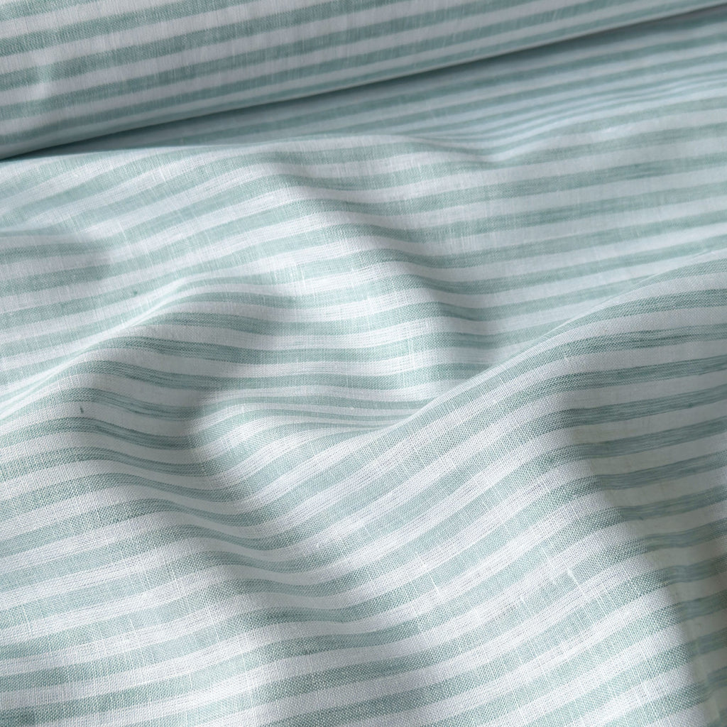 Premium Linen Stripes & Checks Fabric Pure White & Sea Green Stripes 60 LEA Linen Fabric