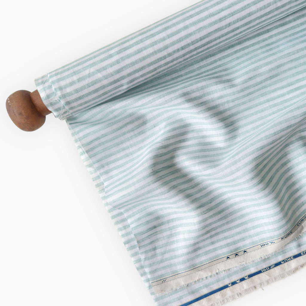 Premium Linen Stripes & Checks Fabric Pure White & Sea Green Stripes 60 LEA Linen Fabric