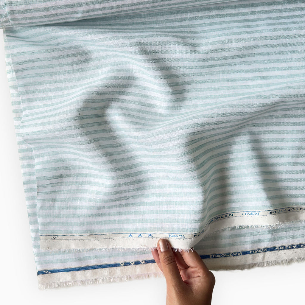 Premium Linen Stripes & Checks Fabric Pure White & Sea Green Stripes 60 LEA Linen Fabric