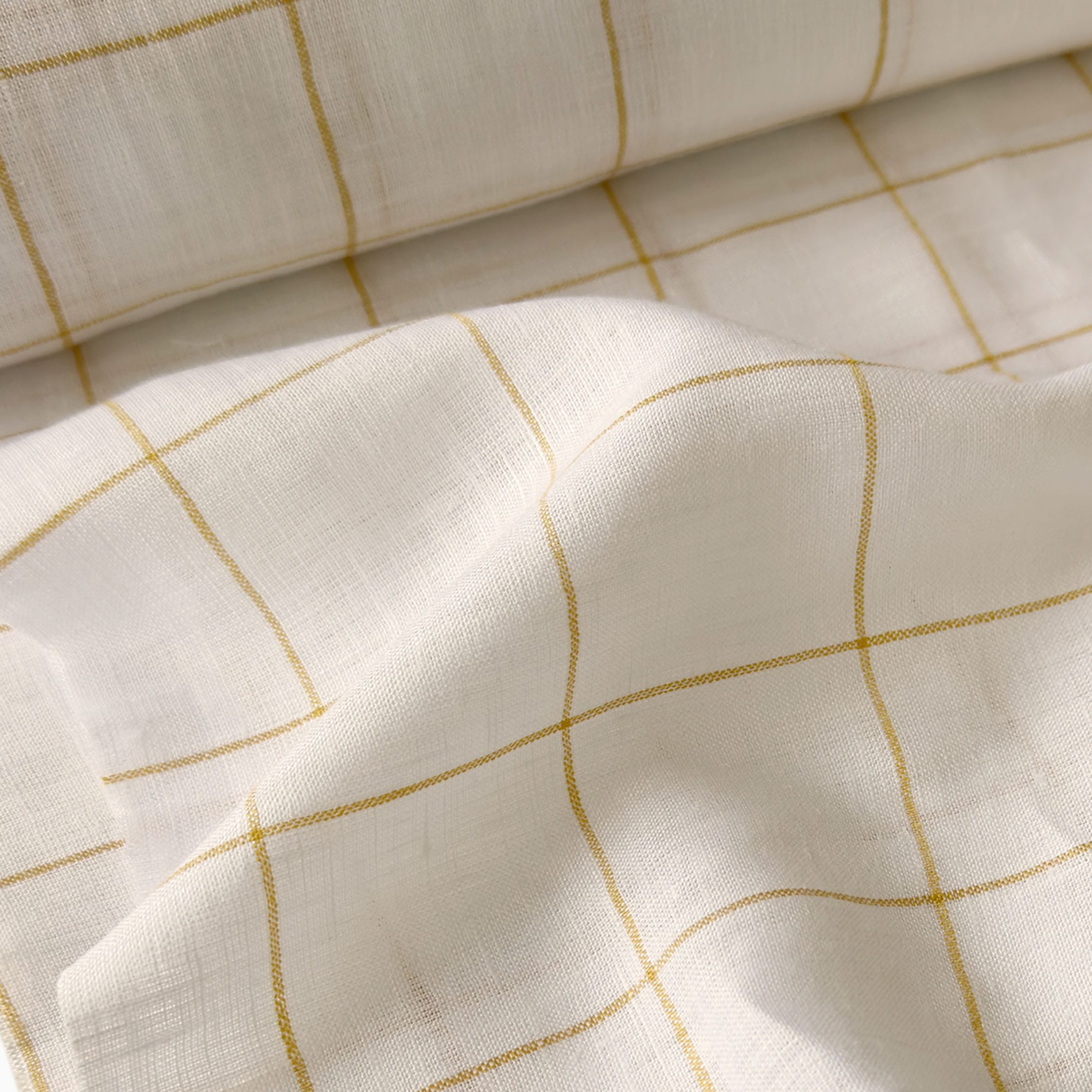 Premium Linen Stripes & Checks Fabric Pure White & Yellow Checks 60 LEA Linen Fabric