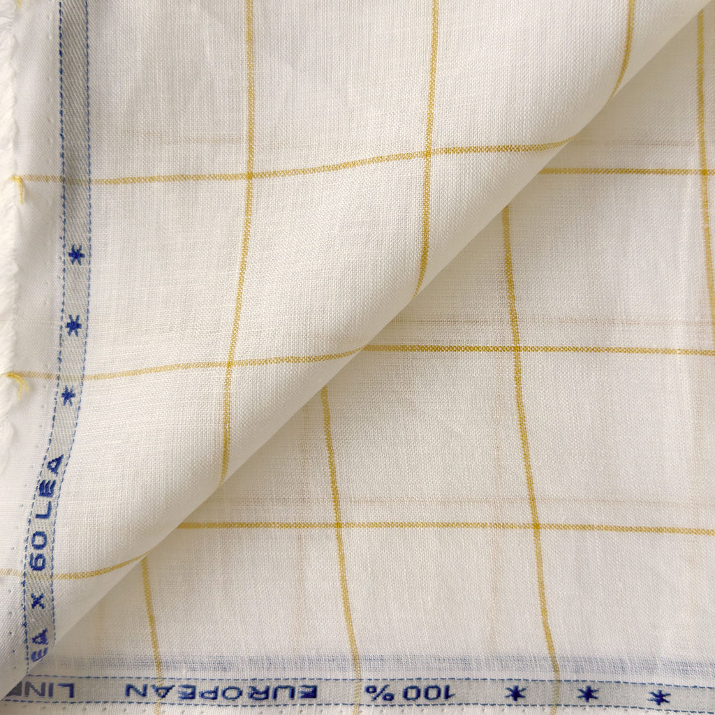 Premium Linen Stripes & Checks Fabric Pure White & Yellow Checks 60 LEA Linen Fabric