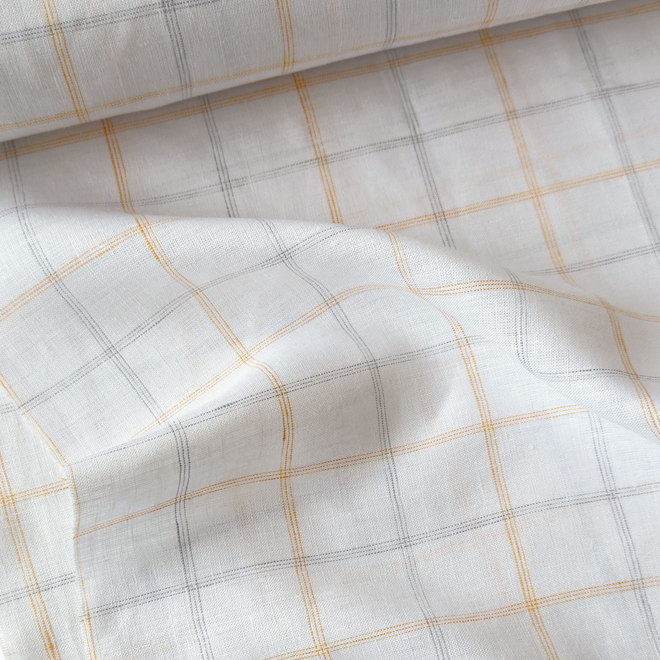 Premium Linen Stripes & Checks Fabric Pure White & Yellow-Grey Checks 60 LEA Linen Fabric