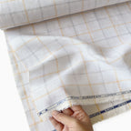 Premium Linen Stripes & Checks Fabric Pure White & Yellow-Grey Checks 60 LEA Linen Fabric