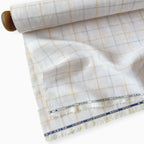 Premium Linen Stripes & Checks Fabric Pure White & Yellow-Grey Checks 60 LEA Linen Fabric