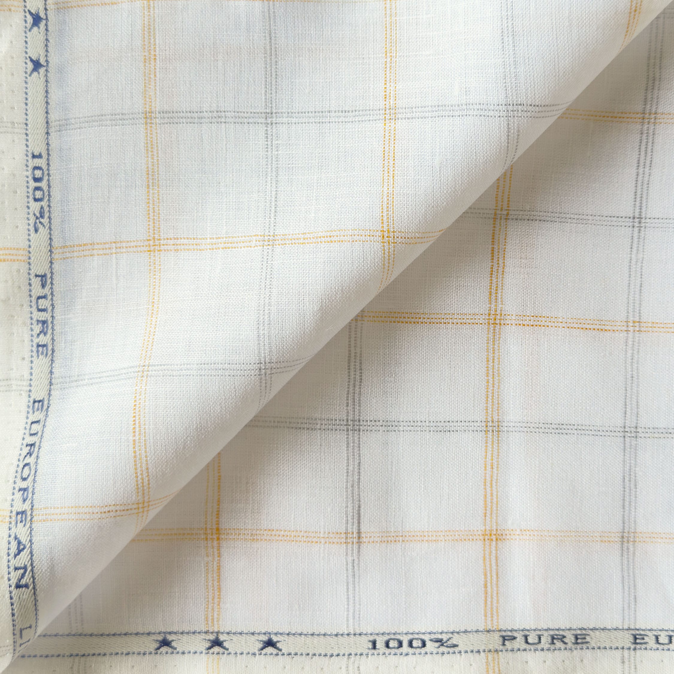 Premium Linen Stripes & Checks Fabric Pure White & Yellow-Grey Checks 60 LEA Linen Fabric