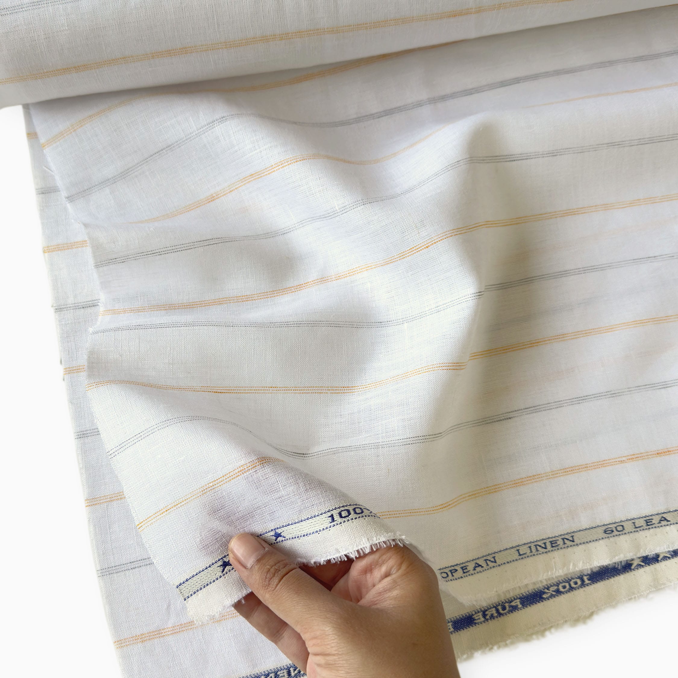 Premium Linen Stripes & Checks Fabric Pure White & Yellow-Grey Stripes 60 LEA Linen Fabric