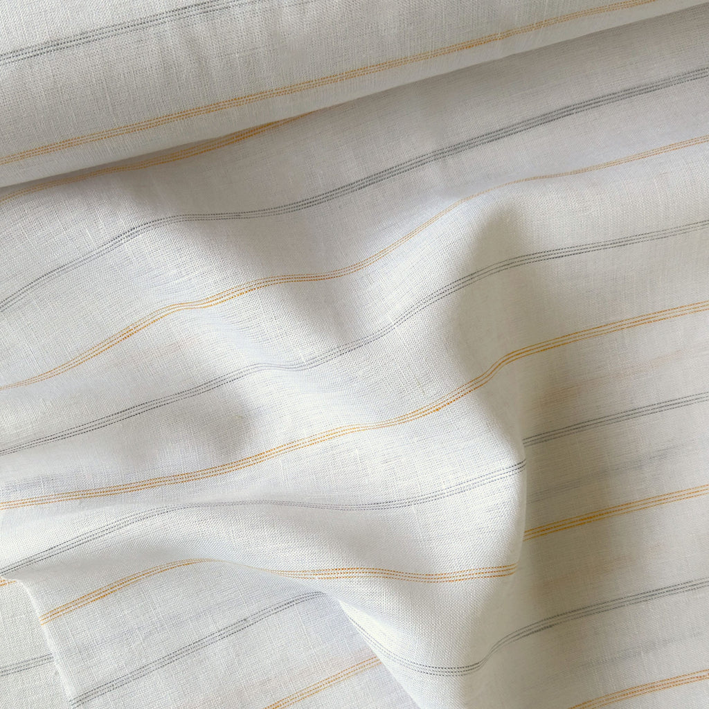 Premium Linen Stripes & Checks Fabric Pure White & Yellow-Grey Stripes 60 LEA Linen Fabric