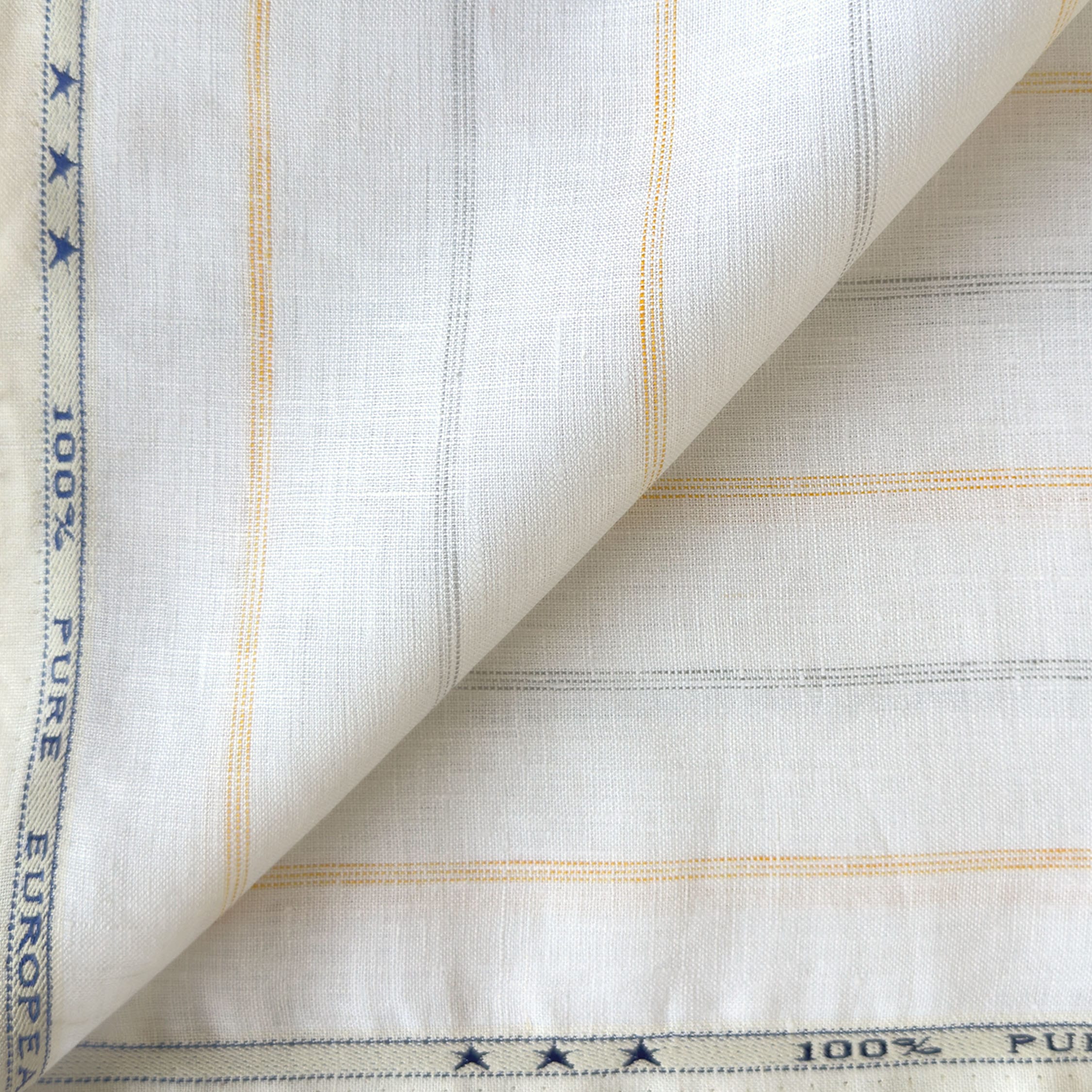 Premium Linen Stripes & Checks Fabric Pure White & Yellow-Grey Stripes 60 LEA Linen Fabric