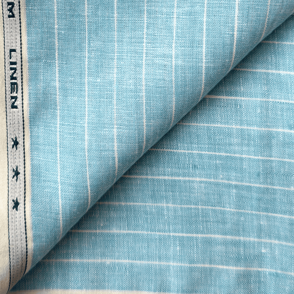 Premium Linen Stripes & Checks Fabric Sky Blue & White Stripes Woven Premium 60 Lea Pure Linen Fabric (Width 58 Inches)
