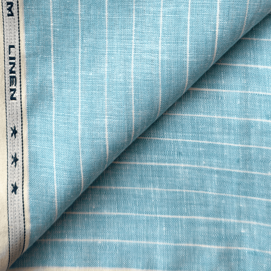 Premium Linen Stripes & Checks Fabric Sky Blue & White Stripes Woven Premium 60 Lea Pure Linen Fabric (Width 58 Inches)
