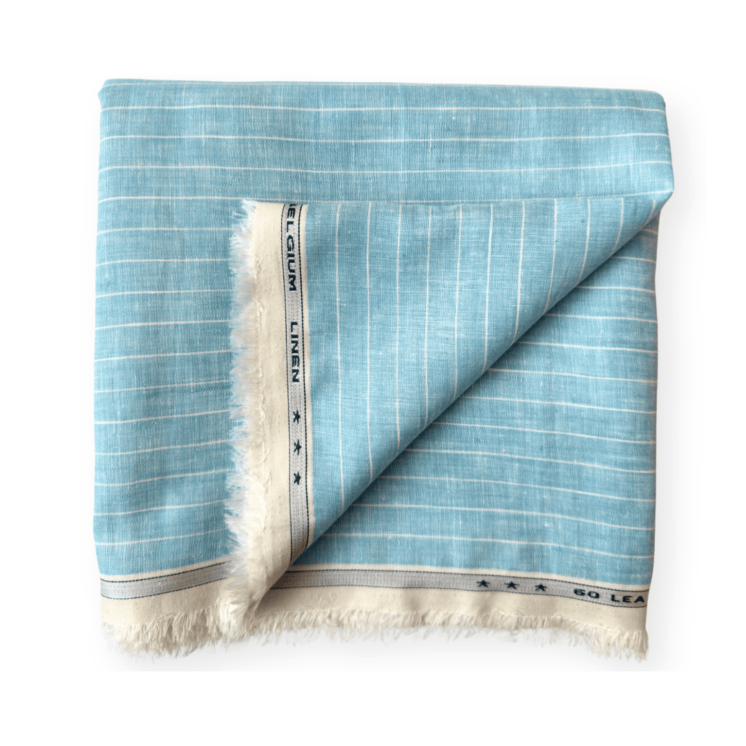 Premium Linen Stripes & Checks Fabric Sky Blue & White Stripes Woven Premium 60 Lea Pure Linen Fabric (Width 58 Inches)
