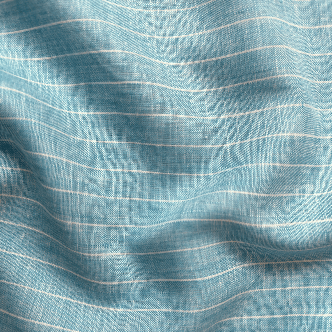 Premium Linen Stripes & Checks Fabric Sky Blue & White Stripes Woven Premium 60 Lea Pure Linen Fabric (Width 58 Inches)