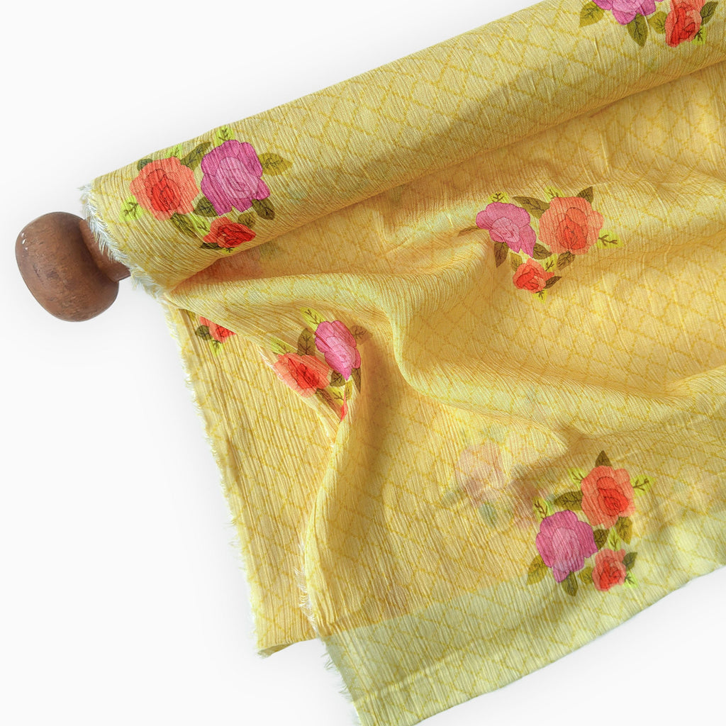 Pressed Blooms Fabric Fabric Mango Yellow Mul Chanderi Crush Fabric