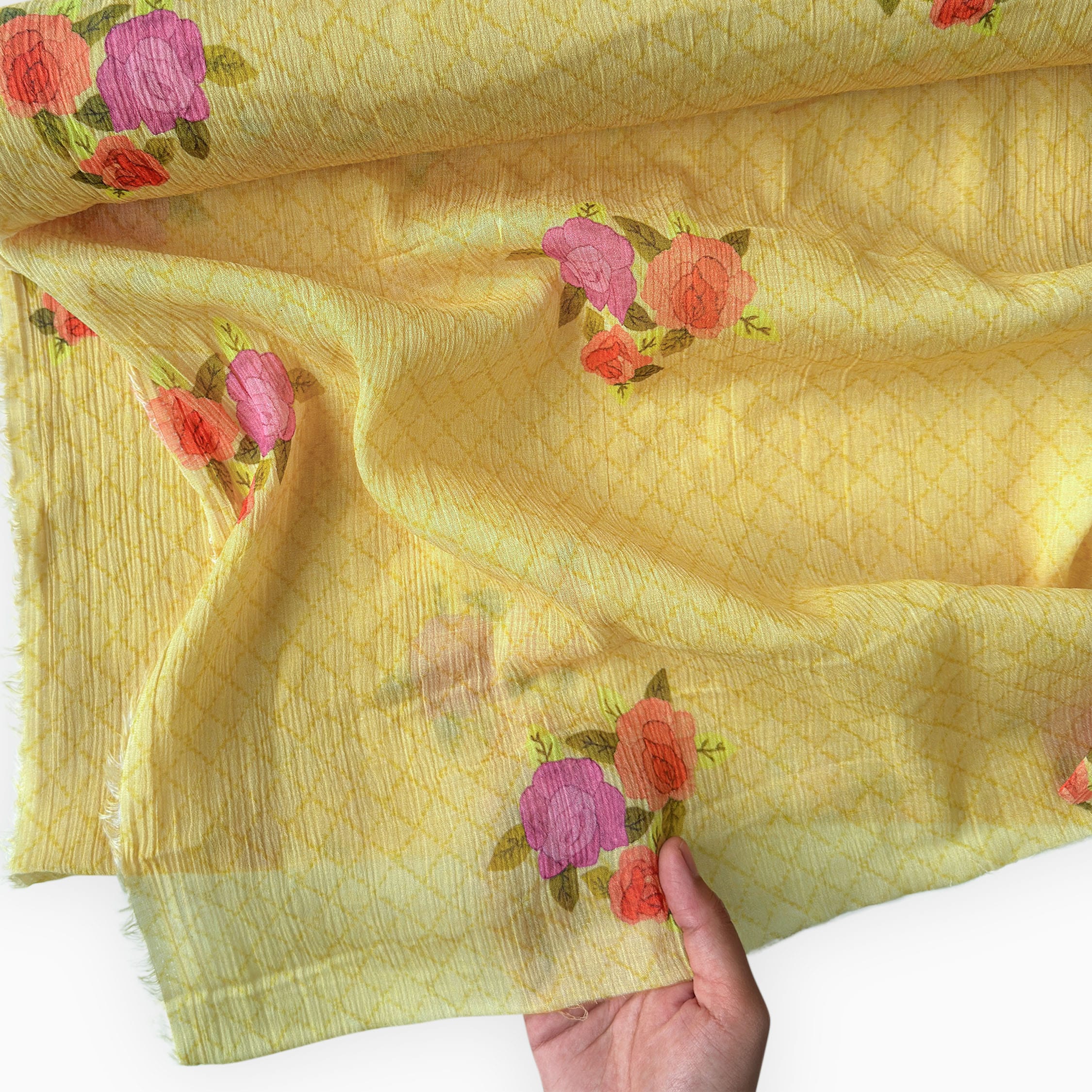 Pressed Blooms Fabric Fabric Mango Yellow Mul Chanderi Crush Fabric