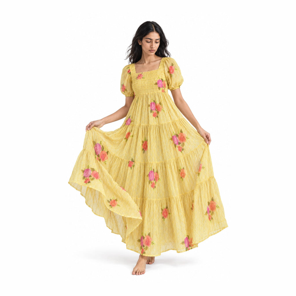Pressed Blooms Fabric Fabric Mango Yellow Mul Chanderi Crush Fabric