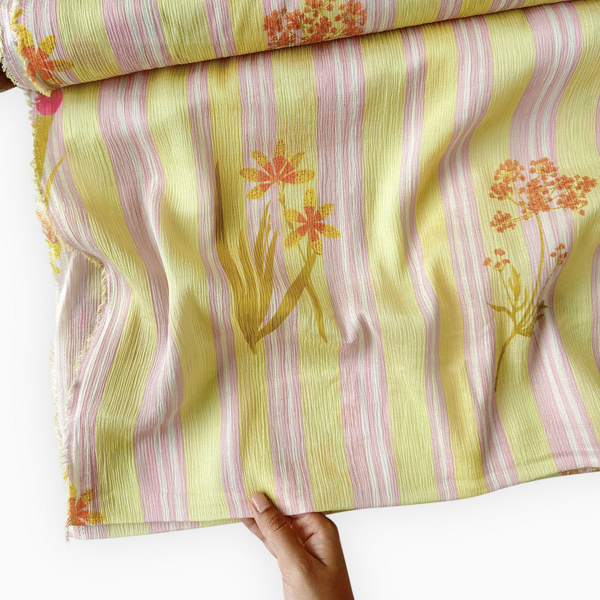 Pressed Blooms Fabric Fabric Summer Yellow & Pink Mul Chanderi Crush Fabric