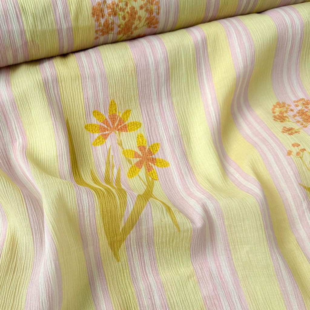 Pressed Blooms Fabric Fabric Summer Yellow & Pink Mul Chanderi Crush Fabric