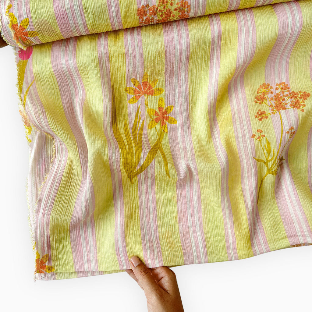 Pressed Blooms Fabric Fabric Summer Yellow & Pink Mul Chanderi Crush Fabric