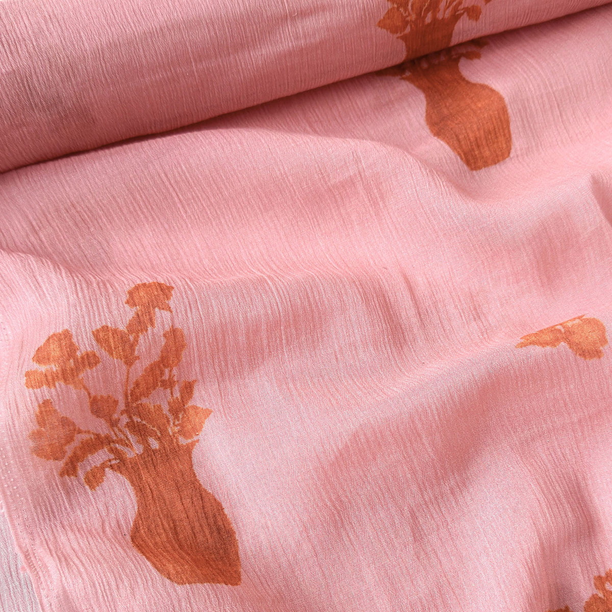 Pressed Blooms Fabric Fabric Watermelon Pink Mul Chanderi Crush Fabric