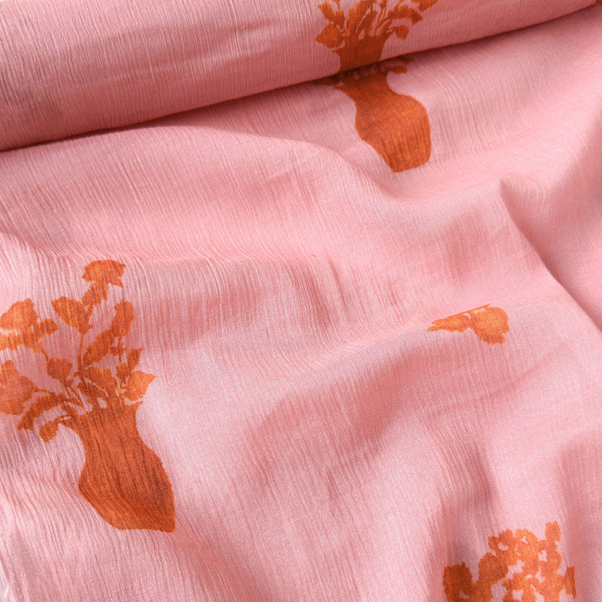 Pressed Blooms Fabric Fabric Watermelon Pink Mul Chanderi Crush Fabric