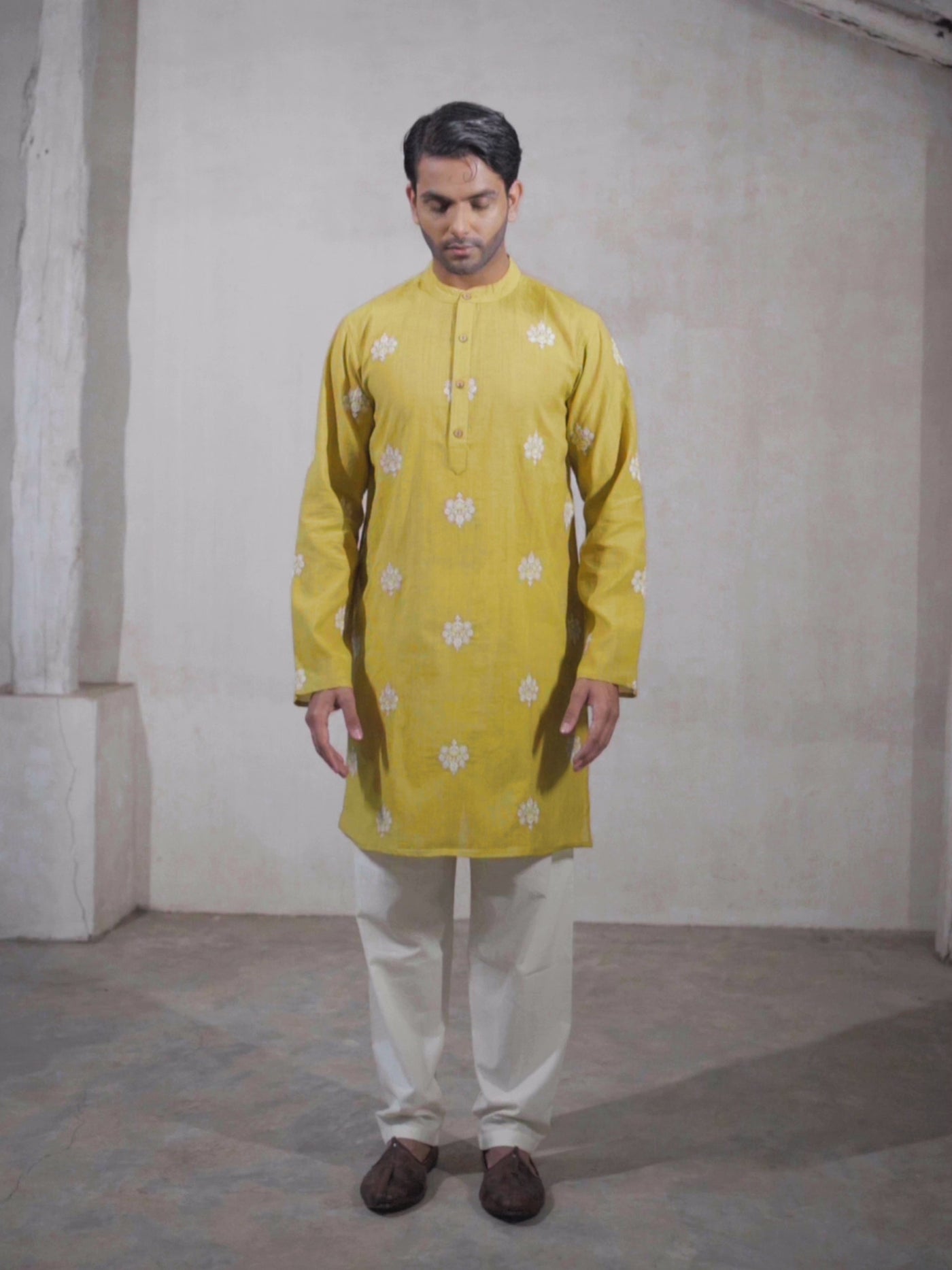 Men's Haldi Yellow Silk Linen Chikankari Embroidered Kurta