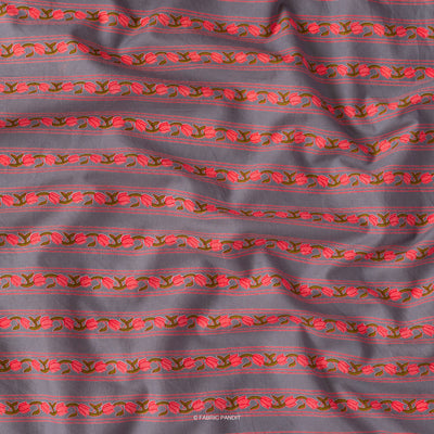 Printed Cotton Cambric Fabric Cut Piece (CUT PIECE) Slate Grey And Red Floral Stripes All Over Discharge Printed Pure Cotton Cambric Fabric Width (43 Inches)