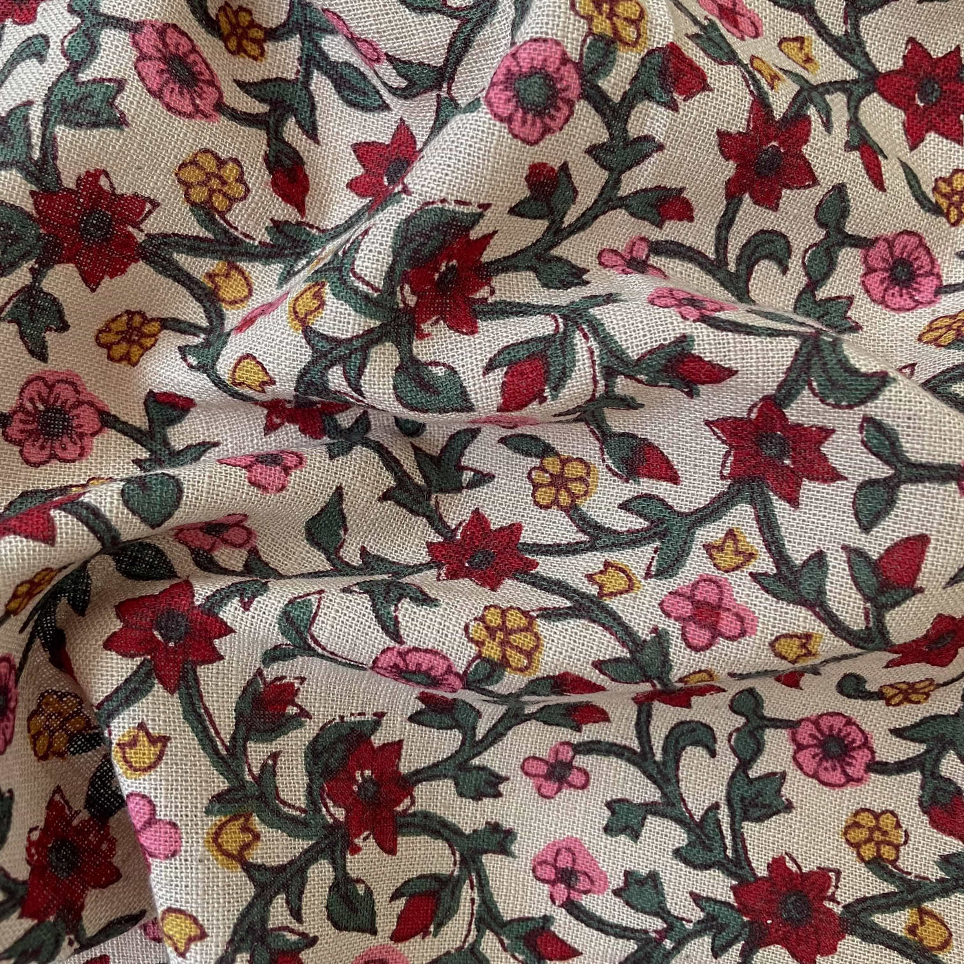 Printed Cotton Linen Fabric Cut Piece (CUT PIECE) Beige & Maroon Mughal Floral Vines Hand Block Printed Pure Cotton Linen Fabric (Width 42 inches)